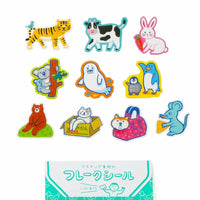 Set of colorful animal-themed stickers with a box labeled 'Flake Sticker' on a white background.